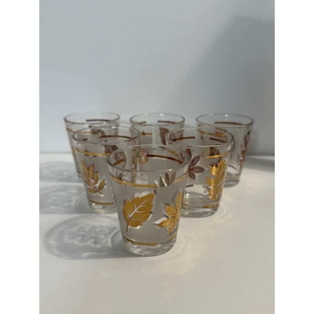 6 Vintage Libbey Golden Foliage flat shot glass frosted band and gold leaves